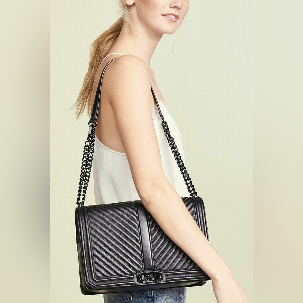 Rebecca Minkoff Jumbo Love Crossbody Black Chevron Quilted Leather Chain Bag